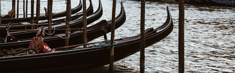 Group of parked gondolas in venice - italy