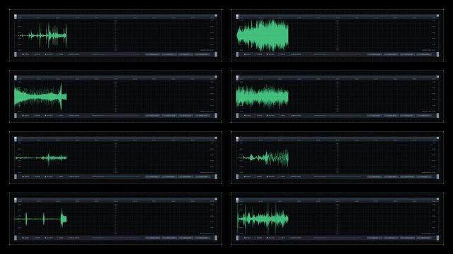 Multi-panel visual display: audio waveforms, readouts, indicators. Reversible seamless loop. 