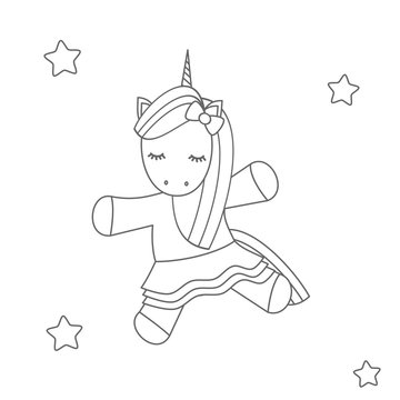 cute cartoon black and white vector dancing unicorn