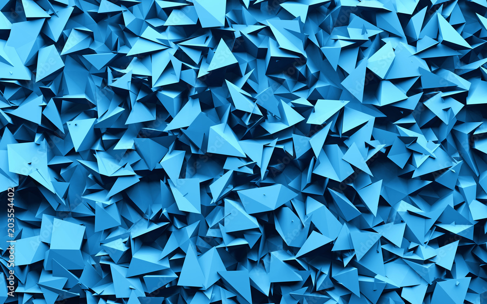 Poster 3d rendering blue color triangle geometrical chaos background