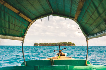 Nice view inside the boat of Prison island,Zanzibar Tanzania,sunny day. - obrazy, fototapety, plakaty