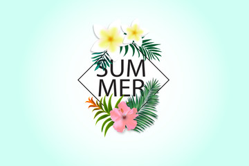 Summer Time Typographical Background With Tropical Plants And Flowers