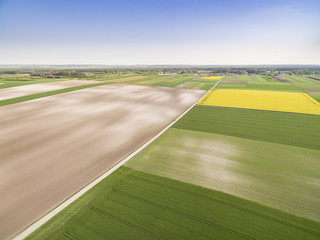 Krajobraz wiejski z lotu ptaka. Droga przez pole uprawne. Polska  - obszary wiejskie z powietrza.