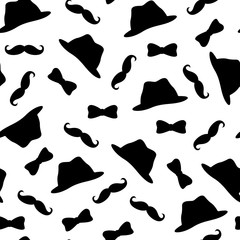 ector Illustration. Seamless mustache, hat, bow tie pattern. Official style elements on white background for men
