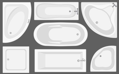Bathtub top view collection.Vector illustration in flat style. Set of different tubs types.