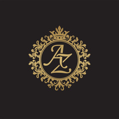 Initial letter AZ, overlapping monogram logo, decorative ornament badge, elegant luxury golden color