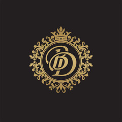 Initial letter BD, overlapping monogram logo, decorative ornament badge, elegant luxury golden color
