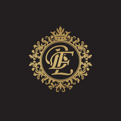 Fototapeta na wymiar Initial letter BE, overlapping monogram logo, decorative ornament badge, elegant luxury golden color