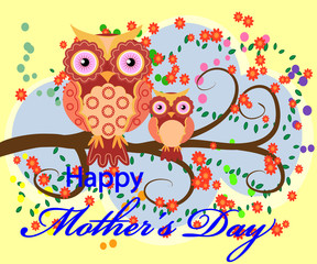 Fototapeta premium Mother's Day greeting card. The owl mommy and a bird on a twig. Colorful spring flowers
