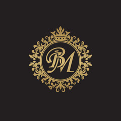 Initial letter BM, overlapping monogram logo, decorative ornament badge, elegant luxury golden color