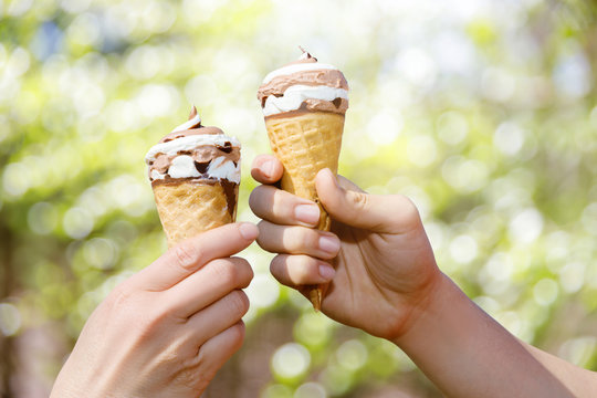 Ice cream in hand .