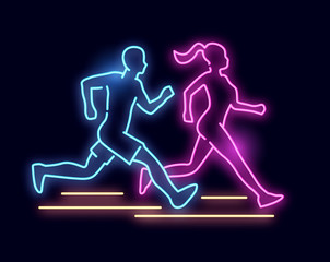 Fototapeta na wymiar Neon Light Running People Sign
