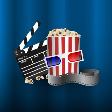 Cinema concept element, film strip, popcorn bucket, clapperboard and 3D glasses, vector illustration
