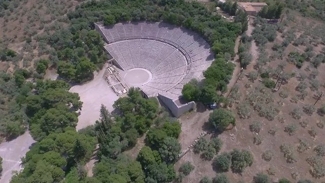 Aerial drone bird's eye view of ancient theater Epidaurus or Epidavros