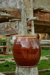 Naklejka premium house, architecture, building, wooden, home, ancient, wood, temple, roof, garden, village, sky, traditional, rural, nature, travel, landscape, asia, green, summer, cottage, hut, grass, china, tree