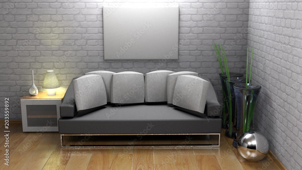 Poster horizontal empty canvas hanging on the wall - 3d rendering