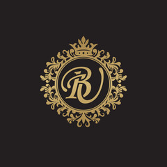 Initial letter BU, overlapping monogram logo, decorative ornament badge, elegant luxury golden color
