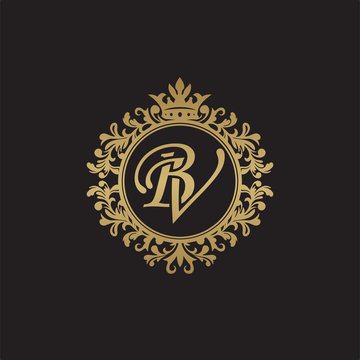 Initial letter BV, overlapping monogram logo, decorative ornament badge, elegant luxury golden color