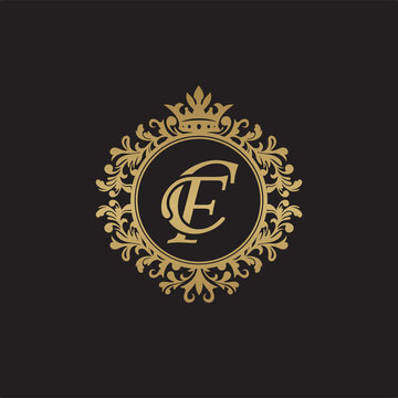 Initial letter CF, overlapping monogram logo, decorative ornament badge, elegant luxury golden color