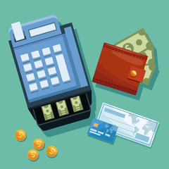 Cash register with check and credit card vector illustration graphic design