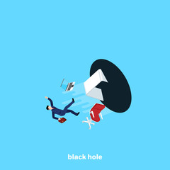 black hole tightens a man in a business suit and office furniture with his workplace, an isometric image