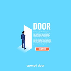 a man in a business suit is standing in front of an open door and a text with a web button, an isometric image