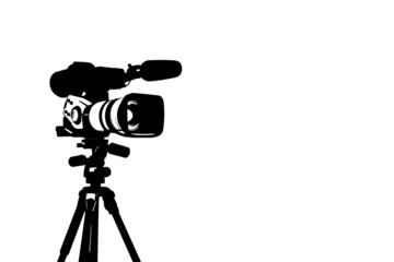 Professional video camera set on a tripod isolated on white background.