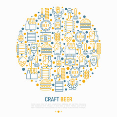 Craft beer concept in circle with thin line icons related to Octoberfest: beer pack, hop, wheat, bottle opener, manufacturing, brewing, tulip glass, can. Modern vector illustration for print media.