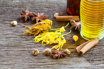 Yellow Thai Ylang-Ylang or ilang-ilang flower on rustic wooden background