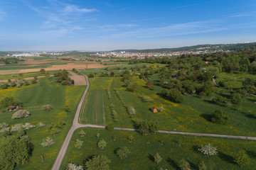 Luftbild mit blick über Streuobstwiesen nach Gerlingen in Baden Württemberg