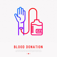 Blood donation concept: transfusion from hand to blood bag thin line icon. Modern vector illustration for World donor day. Symbol of volunteer, support, charity organization.