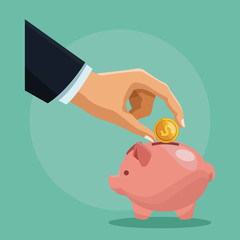 Hand inserting coin into piggy cartoons vector illustration graphic design