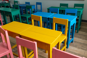 The desks and colourful.