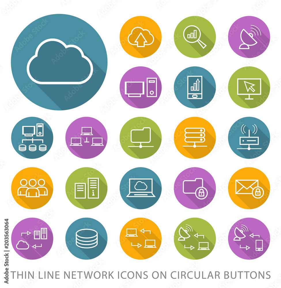 Poster set of elegant universal white network minimalistic thin line icons on circular colored buttons on w