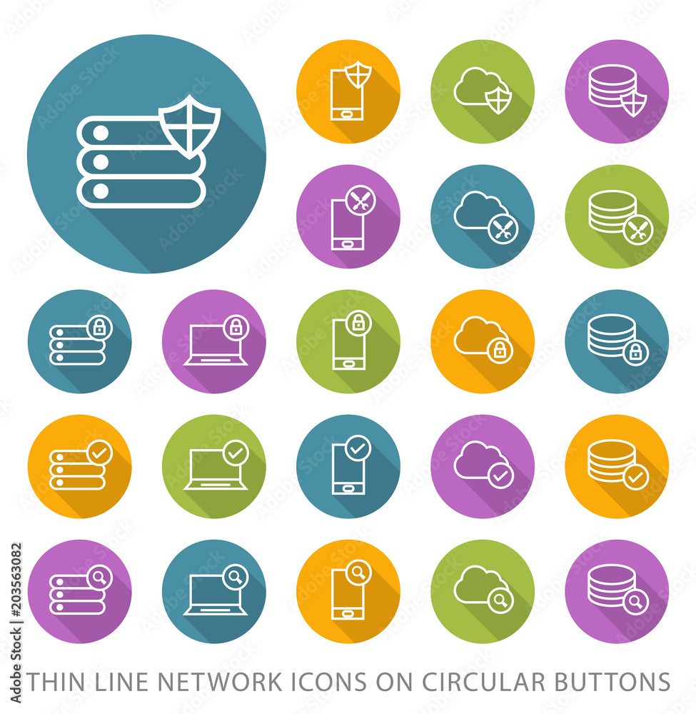 Poster set of elegant universal white network minimalistic thin line icons on circular colored buttons on w