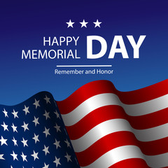 Vector illustration of United States of America  realistic flag and Text Memorial Day on American flag background.