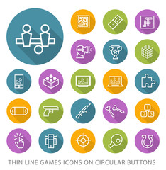 Set of Elegant Universal White Games Minimalistic Thin Line Icons on Circular Colored Buttons on White Background