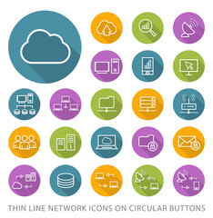 Set of Elegant Universal White Network Minimalistic Thin Line Icons on Circular Colored Buttons on White Background