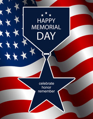 Illustration for Memorial Day. Silhouette vector star medal with ribbon. USA flag as background.
