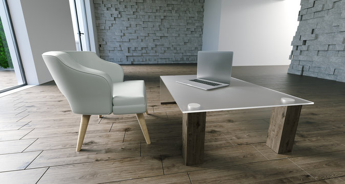 Realistic Armchair And Table With Laptop In Minimalistic Room. 3D Rendering