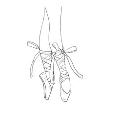 Hand drawn ballerina legs in a ballet pointe shoe. Outline, white background © Alice Fox