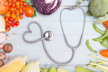 Composition of fresh Organic Vegetables / with Water Drops / on the Wooden Desk