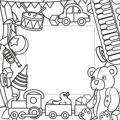 Vector frame border with contour of toys drawn in cartoon style.