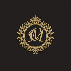 Initial letter CM, overlapping monogram logo, decorative ornament badge, elegant luxury golden color
