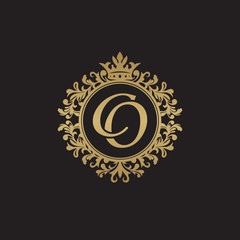 Initial letter CO, overlapping monogram logo, decorative ornament badge, elegant luxury golden color