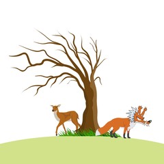 deer and wolf cartoon with tree