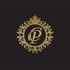 Initial letter CP, overlapping monogram logo, decorative ornament badge, elegant luxury golden color