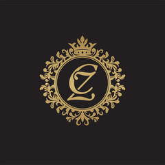 Initial letter CZ, overlapping monogram logo, decorative ornament badge, elegant luxury golden color