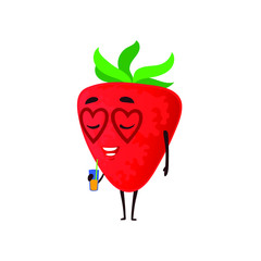 Funny and cute Strawberry live character with heart eyeglasses, vector flat cartoon illustration isolated on white background