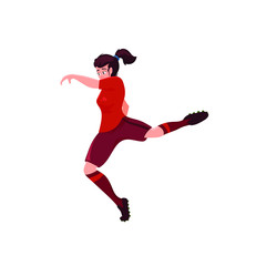 Run and kick, football girl, vector flat cartoon illustration isolated on white background
